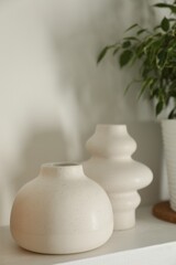 Ceramic vases and houseplant on shelving unit