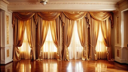Luxurious Gold Draped Curtains in a Spacious Room