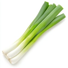 A bunch of green onions are displayed on a white background