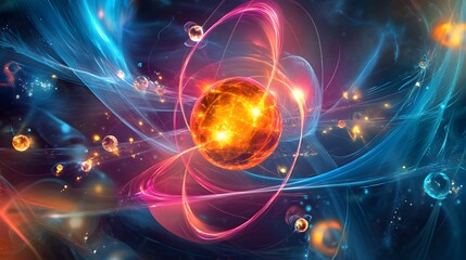 Obraz premium 73. Digital illustration of a vibrant atom surrounded by swirling, radiant nutrient molecules