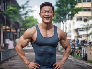 Muscle Asian Guy in Tight Tank Top and Hands on The Waist Smiling and Looking at Camera in The Town