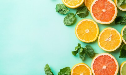 Obraz premium Sliced Citrus Fruits and Mint Leaves on a Turquoise Background