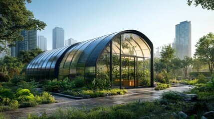 Modern Greenhouse with Solar Panels in Urban Setting