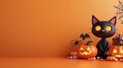 A whimsical Halloween scene featuring a black cat, pumpkins, and spooky decorations creating a festive autumn vibe.