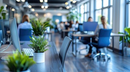 Modern office space featuring an open layout with people working at desks, numerous green plants, and large windows allowing natural light