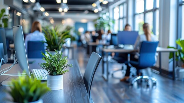 Modern office space featuring an open layout with people working at desks, numerous green plants, and large windows allowing natural light