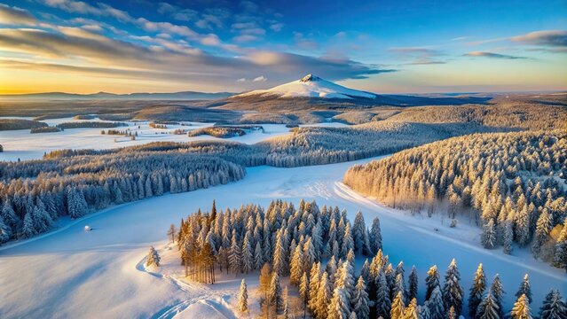 Aerial view of a winter landscape in Sortavala Republic of Karelia featuring Mount Paaso covered in snow, winter season, winter scenery, travel, snowy landscape, snow, cold
