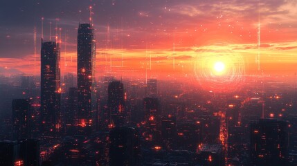 Fototapeta premium Futuristic Cityscape Sunset with Glowing Towers and Digital Effects