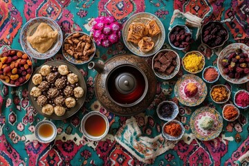 A vibrant spread of traditional snacks and tea on a decorative tablecloth.