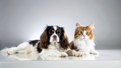 A Cavalier King Charles Spaniel and a Maine Coon Cat Resting on a White Surface