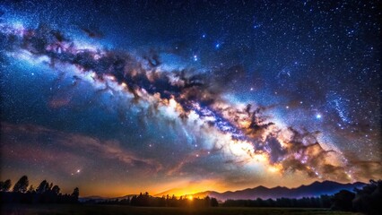 Obraz premium A stunning long exposure photograph captures the magnificent Milky Way galaxy illuminating the night sky while the fine particles of space dust create a mesmerizing grainy effect