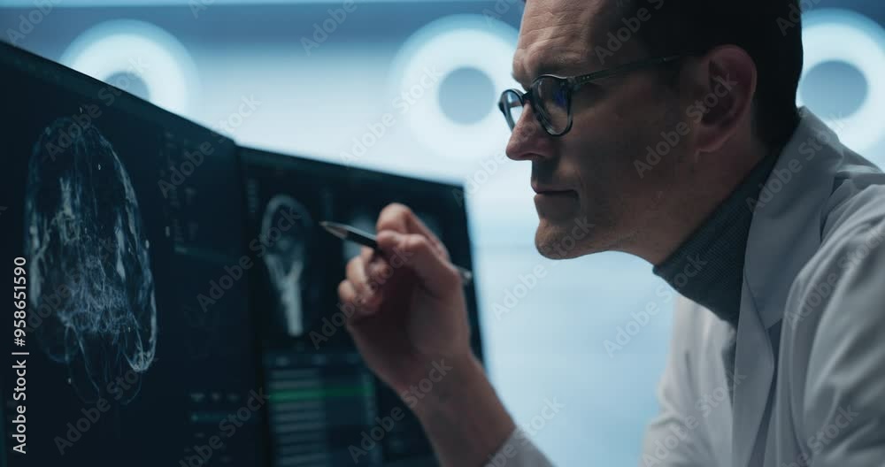 Aufkleber Portrait of Scientist Analyzing Brain Scans on Multiple Monitors in High-tech Laboratory. Advanced Medical Imaging Technology Displays Detailed Neurological Data for Advanced Research and Diagnosis