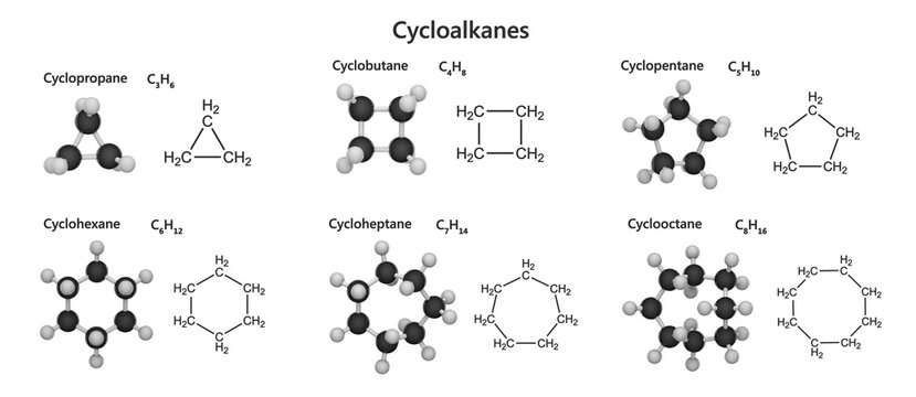 educational material on molecules cycloalkanes: cyclopropane, C3H6, cyclobutane, C4H8, cyclopentane, C5H10, cyclohexane, C6H12, cycloheptane, C7H14, cyclooctane, C8H16. 3d illustration