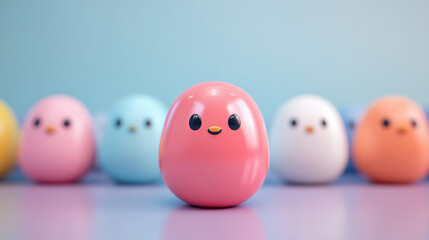 Colorful cute toy eggs with adorable faces in a cheerful and fun setting, ideal for children-related themes or playful designs.