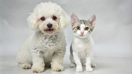Obraz premium White Poodle and Tabby Cat Sitting Together