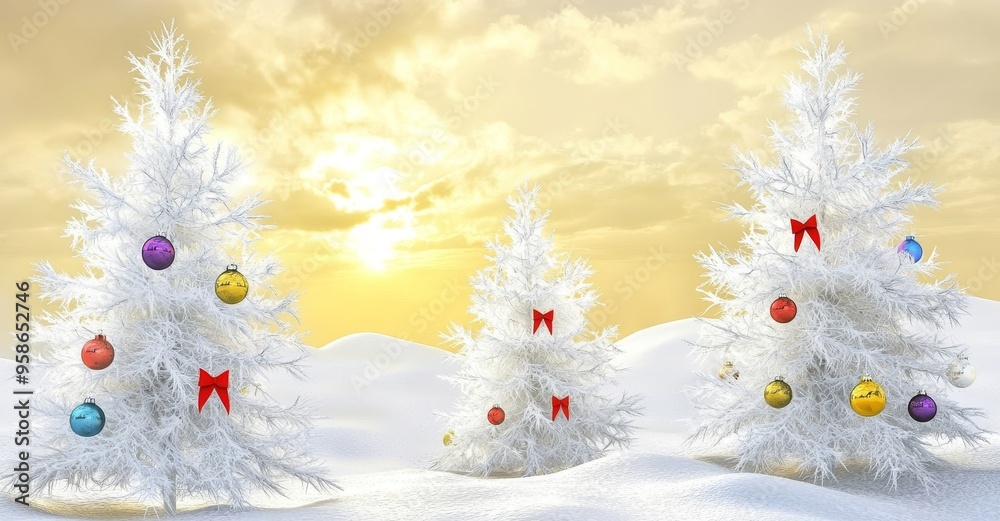 Wall mural Against the background of a winter landscape are two white christmas tree icons