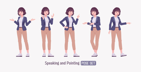 Fototapeta premium Effective good looking business young woman speaker explain pose set. Female tutor, friendly girl manager, saleswoman helper, millennial employer in formal wear, corporate leader. Vector illustration