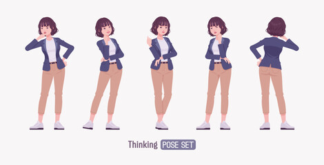 Fototapeta premium Effective good looking business young woman thinking how pose set. Female tutor, friendly girl manager, saleswoman helper, millennial employer in formal wear, corporate leader. Vector illustration
