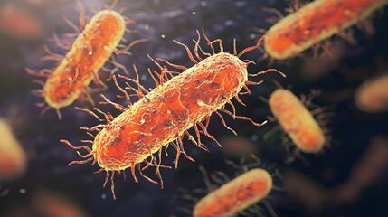 A highly detailed and realistic close-up of this bacteria: **Escherichia coli** - Commonly found in the intestines; some strains can cause food poisoning.