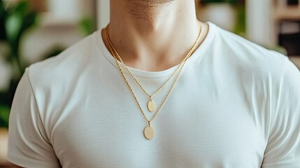 A man poses with an elegant gold chain necklace, emphasizing the fine texture of his neck. Soft lighting highlights the jewelry's beauty against a minimalistic backdrop