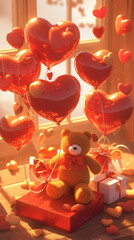Valentine's Day Teddy Bear with Heart Balloons