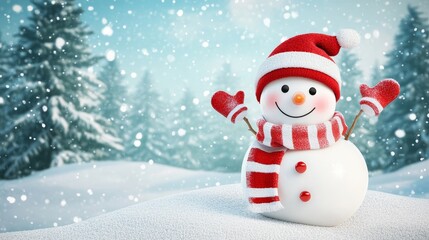Fototapeta premium Snowman wearing red hat, scarf, holding snowball, standing in snowy forest, winter Christmas background, New Year greeting card, festive character, 3D render.