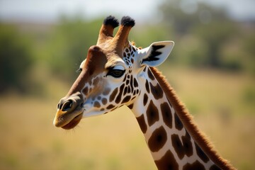 Fototapeta premium Close-up of a Giraffe's Head and Neck in a Natural Habitat. Wild Life.