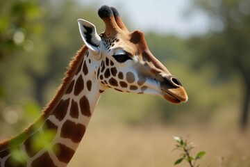Fototapeta premium Close-up of a Giraffe's Head in the African Savanna. Wild Life.