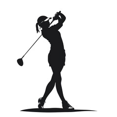 Golfing silhouette of female player hitting the ball, transparent background