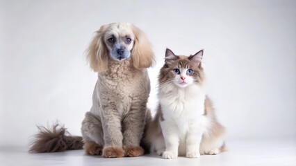Obraz premium A Poodle Dog and a Ragdoll Cat Sitting Side by Side