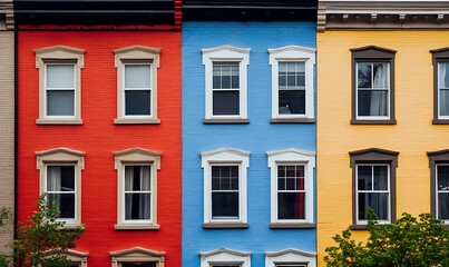 Obraz premium Three Colorful Row Houses with Windows