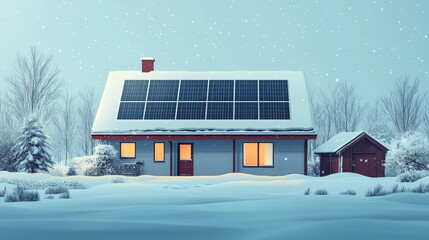Snow Covered House with Solar Panels in Winter Landscape