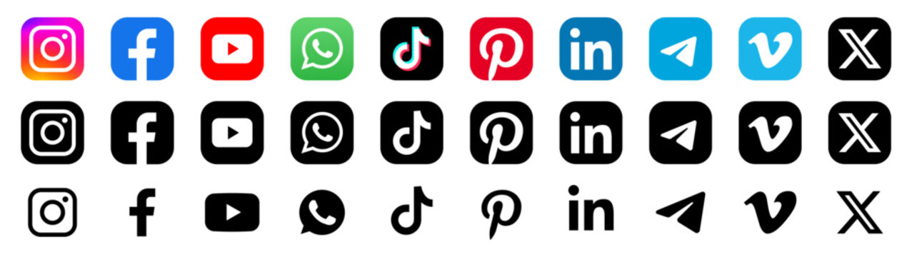 Instagram; facebook; twitter; youtube; pinterest; whatsap; linkedin; telegram; vimeo - Collection of popular social media logo. Editorial vector. Vinnytsia, Ukraine - September 4, 2024