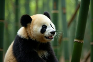 Fototapeta premium Adorable Panda Cub in Bamboo Forest. Wild Life.