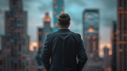 A businessman gazes at a modern skyline, embodying ambition and urban sophistication amid a twilight backdrop.