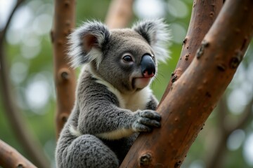 Fototapeta premium Adorable Koala Bear Sitting on Tree Branch. Wild Life.