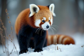 Fototapeta premium Red Panda in Winter Wonderland. Wild Life.