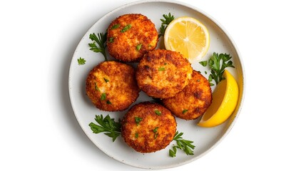 Delicious homemade crab cakes with fresh herbs and lemon garnish