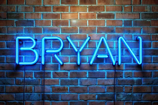 A medium shot of a brick wall with the blue neon sign of the first name Bryan glowing brightly, night, medium shot, urban art, urban, Bryan, light, glowing, blue neon, brightly, graffiti