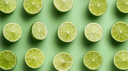 Fototapeta premium Lime, fresh ingredient, cut in half with green plain background