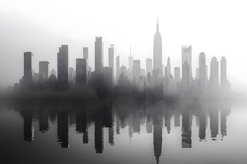Fototapeta premium Cityscape silhouette of downtown skyscrapers reflecting in river water at sunset.