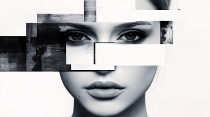 Fragmented Identity: A captivating grayscale portrait of a woman's face deconstructed into abstract geometric shapes, exploring themes of self-perception, mystery, and modern beauty. 