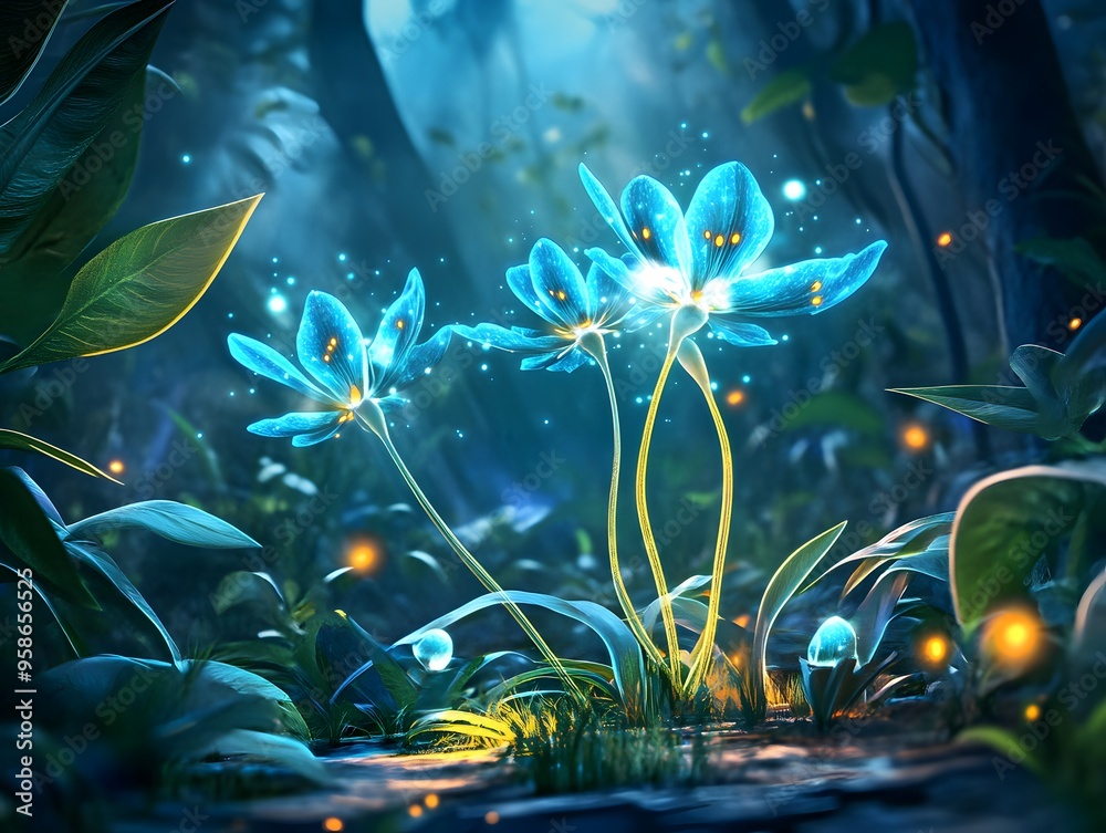 Wall mural Glowing Blue Flowers in a Mystical Forest.