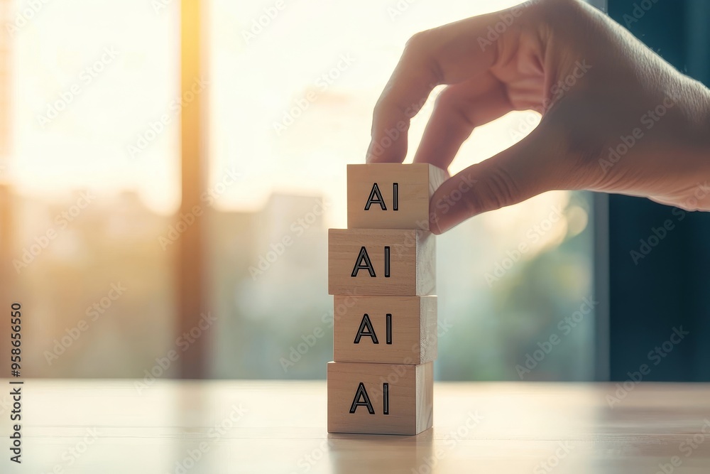 Poster Stacking wooden blocks with AI icons for stock solves problems and helps process data. Automation, big data management tool.