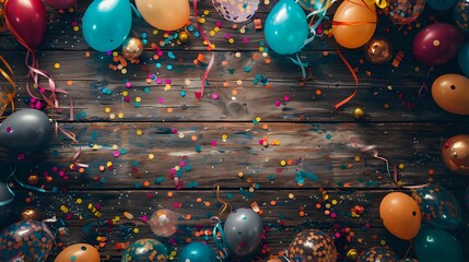 festive celebration scene featuring colorful balloons, streamers, and confetti scattered on a wooden surface, creating a lively and joyful atmosphere. Perfect for party themes, event promotions