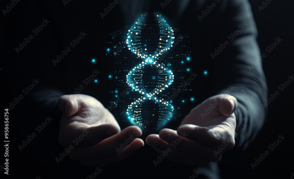 Poster businessman displays a biotechnology icon on a virtual screen as a concept for biotechnology researc
