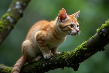 Orange Tabby Kitten Sitting on a Tree Branch. Wild Life.