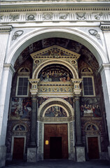 Facade of the historic Aosta cathedral, Italy