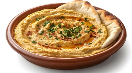 Creamy hummus dip garnished with parsley and served with warm pita bread