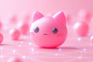 Cute pink cat figurine with big eyes surrounded by glowing lights on a pink background, perfect for decor or design inspiration.
